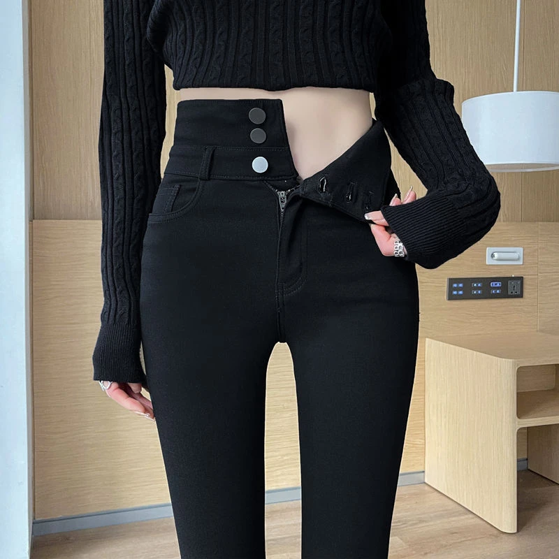 小个子女士可外穿打底裤高腰保暖春秋新款小黑裤薄绒弹力紧身裤子