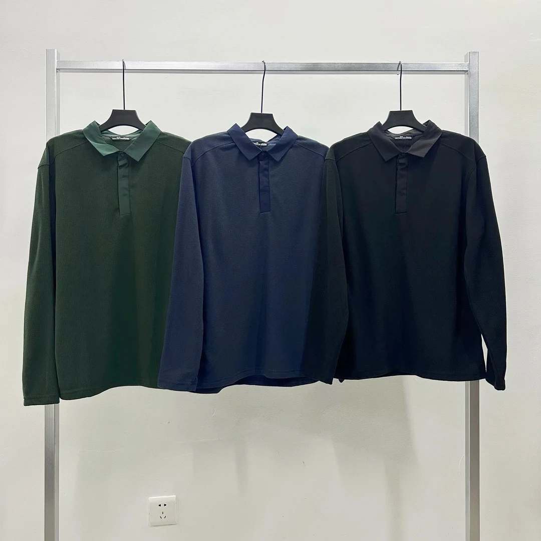 男士POLO格绒新款高级感翻领长袖上衣商务纯色简约百搭