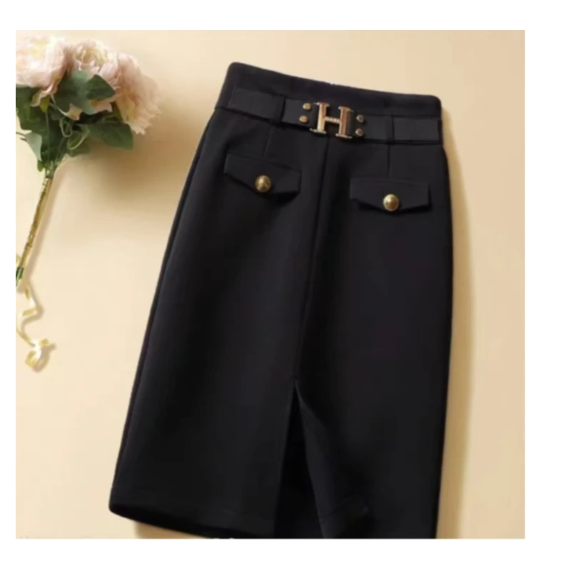 秋冬新款时尚女士中长款一步裙半身裙高腰百搭网红显瘦气质黑色