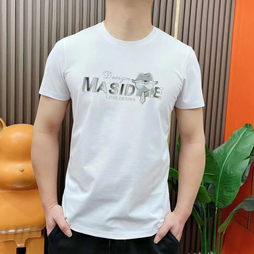 24夏季新款圆领光棉丝滑个性潮流烫砖高品质轻奢男士修身短袖T恤