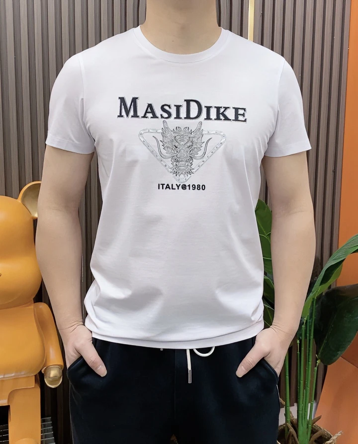 2024夏季新款双丝光棉轻奢时尚百搭烫钻男士圆领修身半袖T恤