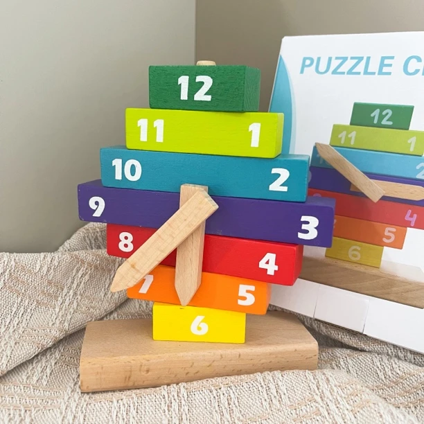 榉木时钟叠叠乐时间认知教具早教认识时间时钟玩具木质数字时钟