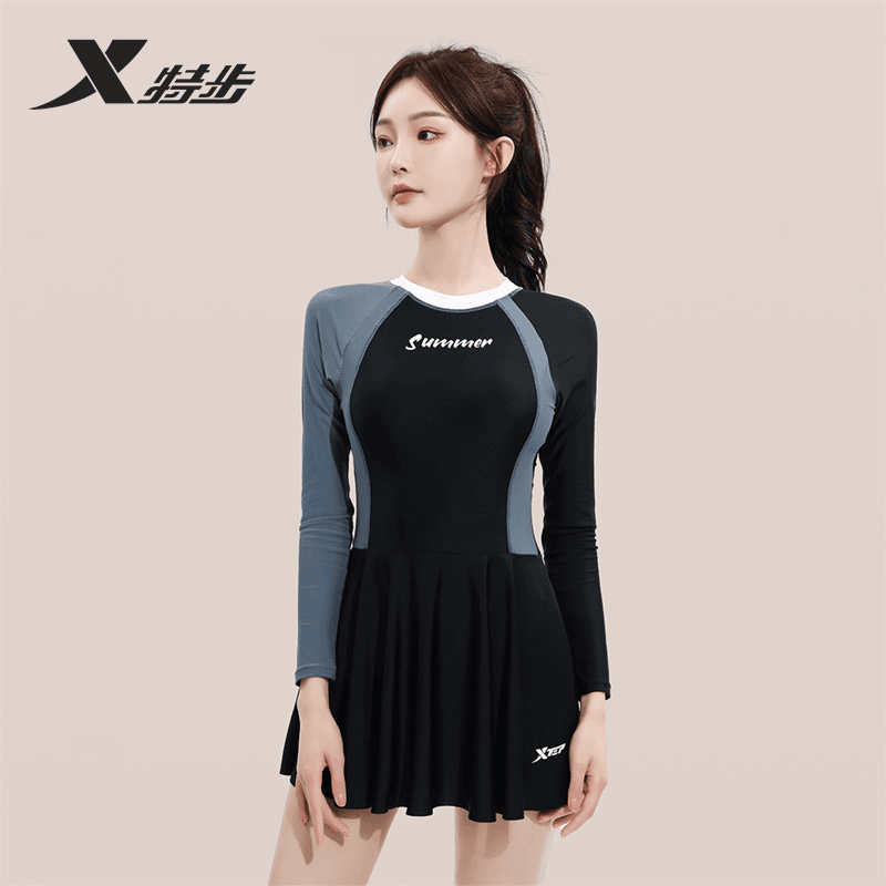 特步女款泳衣长袖夏季防晒塑身显瘦运动泳衣户外沙滩游泳套装泳裙