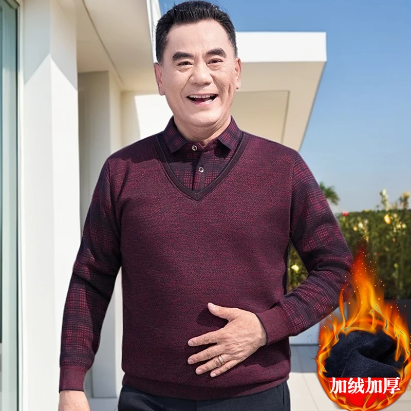中老年人加绒假两件毛衣2025秋冬新款针织衫中年爸爸装加厚打底衫