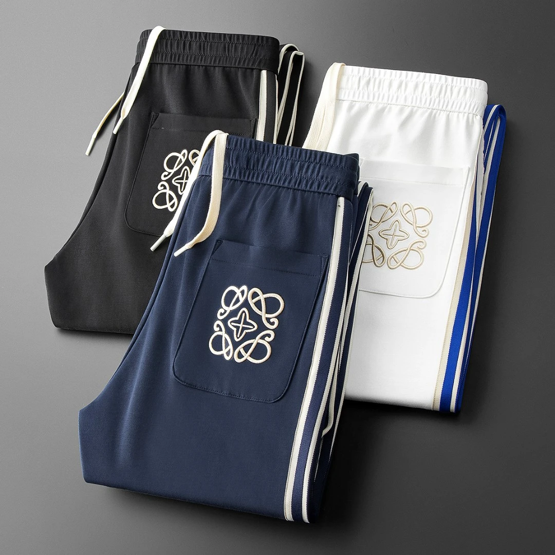 轻奢高档夏季薄款休闲运动裤男修身直筒潮牌条纹撞色织带新款卫裤