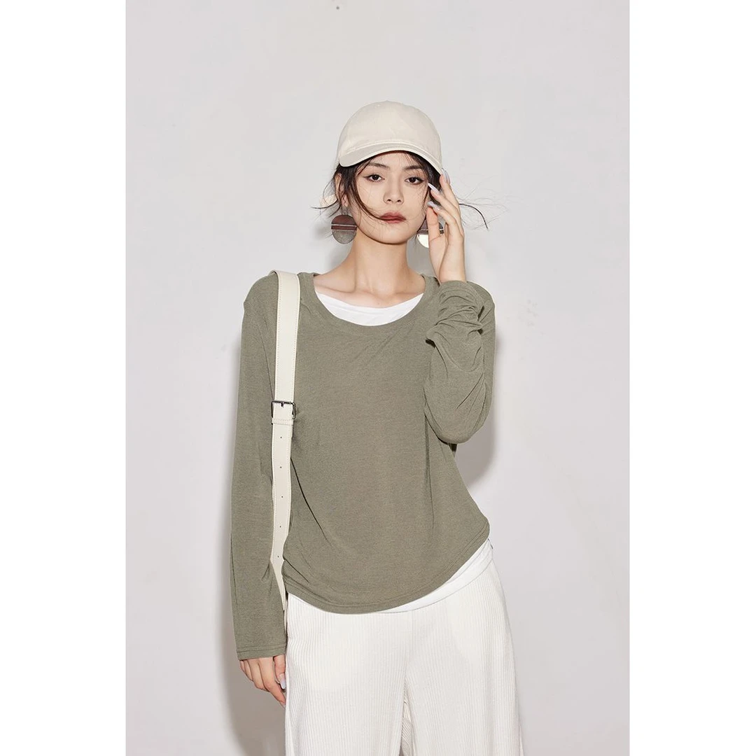 韩版宽松撞色假两件长袖T恤女2024新款设计感小众简约打底衫上衣