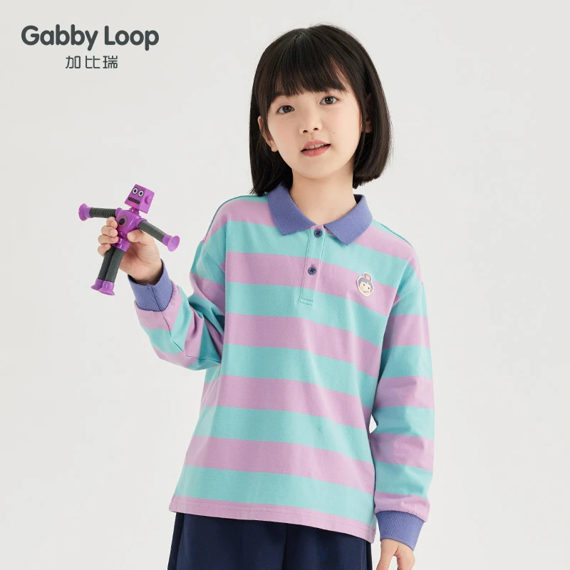 加比瑞童装 女童春秋季棉弹力长袖条纹撞色潮POLO衫T恤衫GTC33005