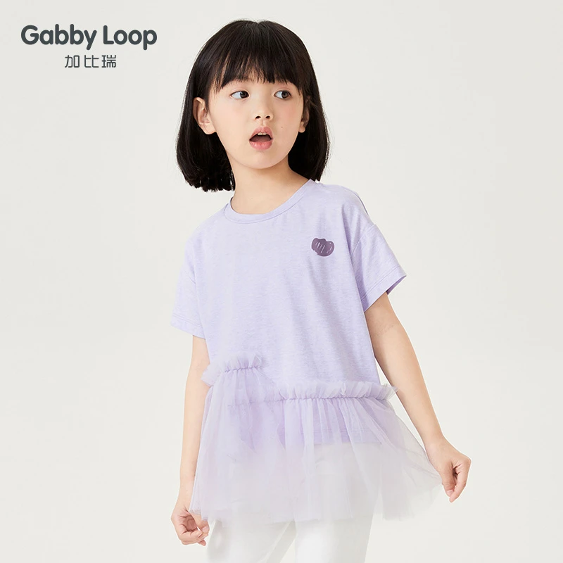 加比瑞童装 女童夏季棉弹力针织网纱拼接短袖中大童T恤衫GTD22038