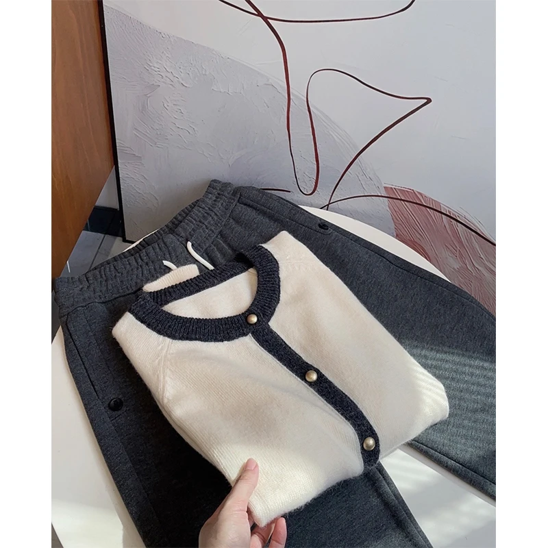 【浣熊灰白撞色】秋冬小香风针织开衫韩版撞色外套毛衣女上衣