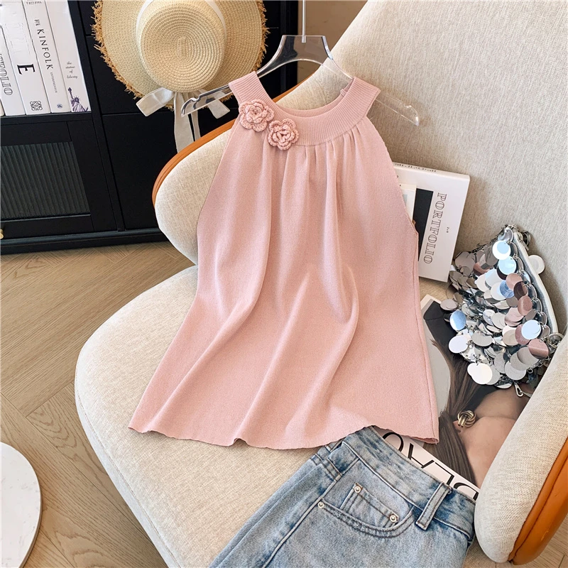 法式气质高级感无袖挂脖吊带背心女夏季绝美小众宽松休闲外穿上衣