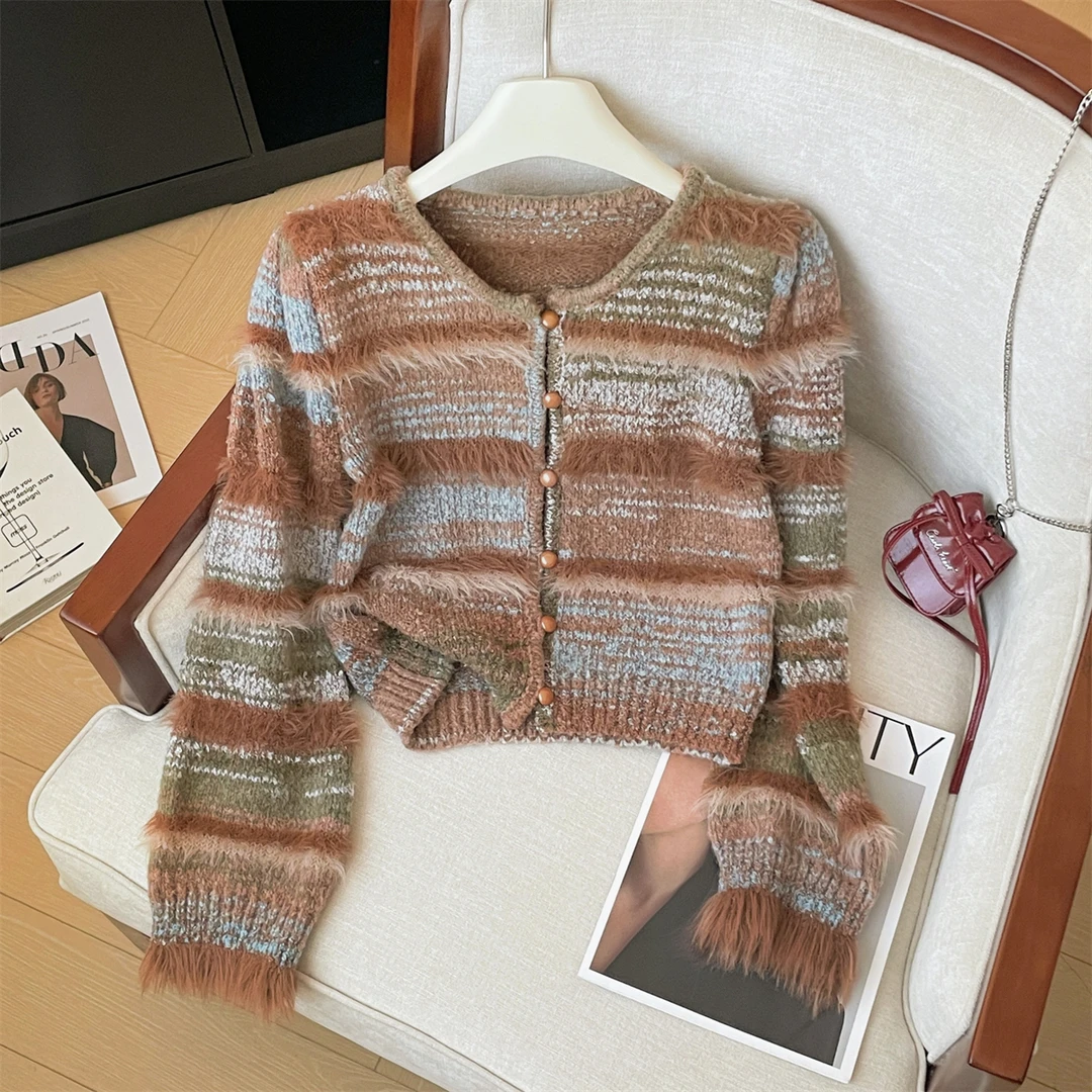 法复古彩色条纹高级感毛衣开衫女早秋季新款毛绒绒软糯针织外套