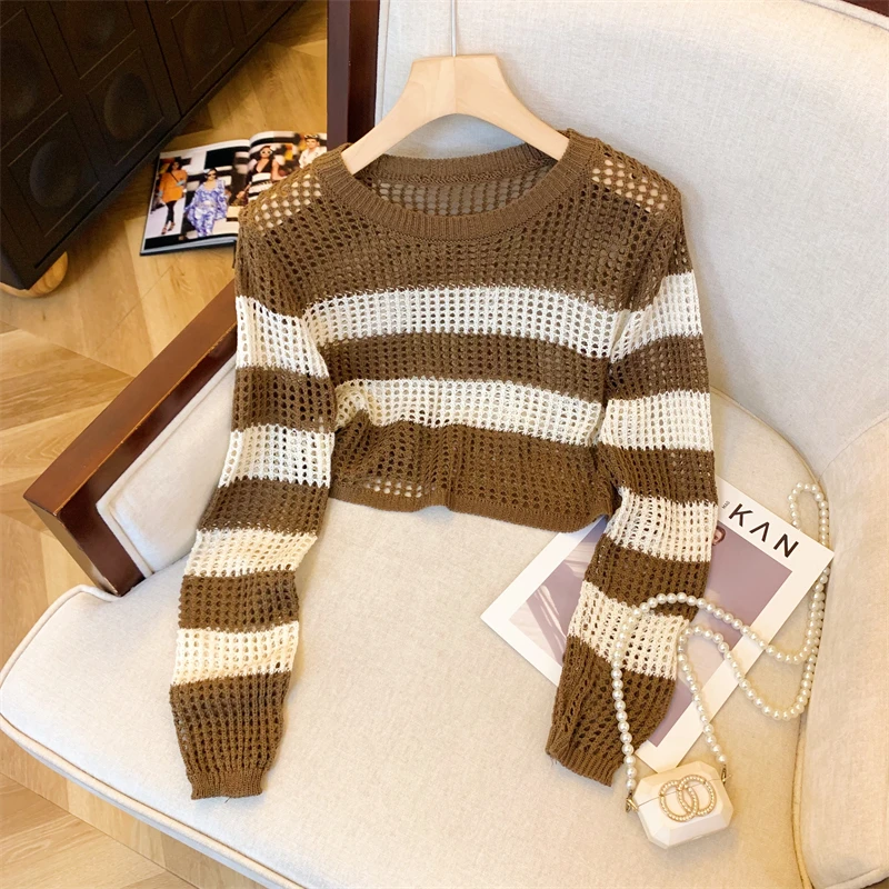 小众半镂空针织套头女早秋新款薄款条纹长袖上衣短款高腰气质罩衫