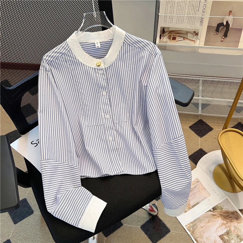 圆领撞色条纹短款长袖衬衫女设计感小众百搭衬衣学院法式风短上衣