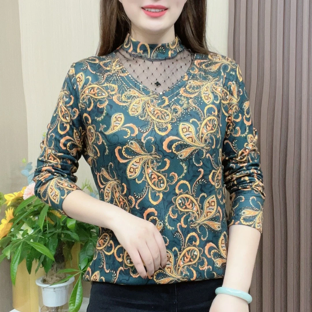 双面磨毛洋气时尚百搭小衫妈妈装秋冬季显瘦烫钻打底碎花长袖上衣