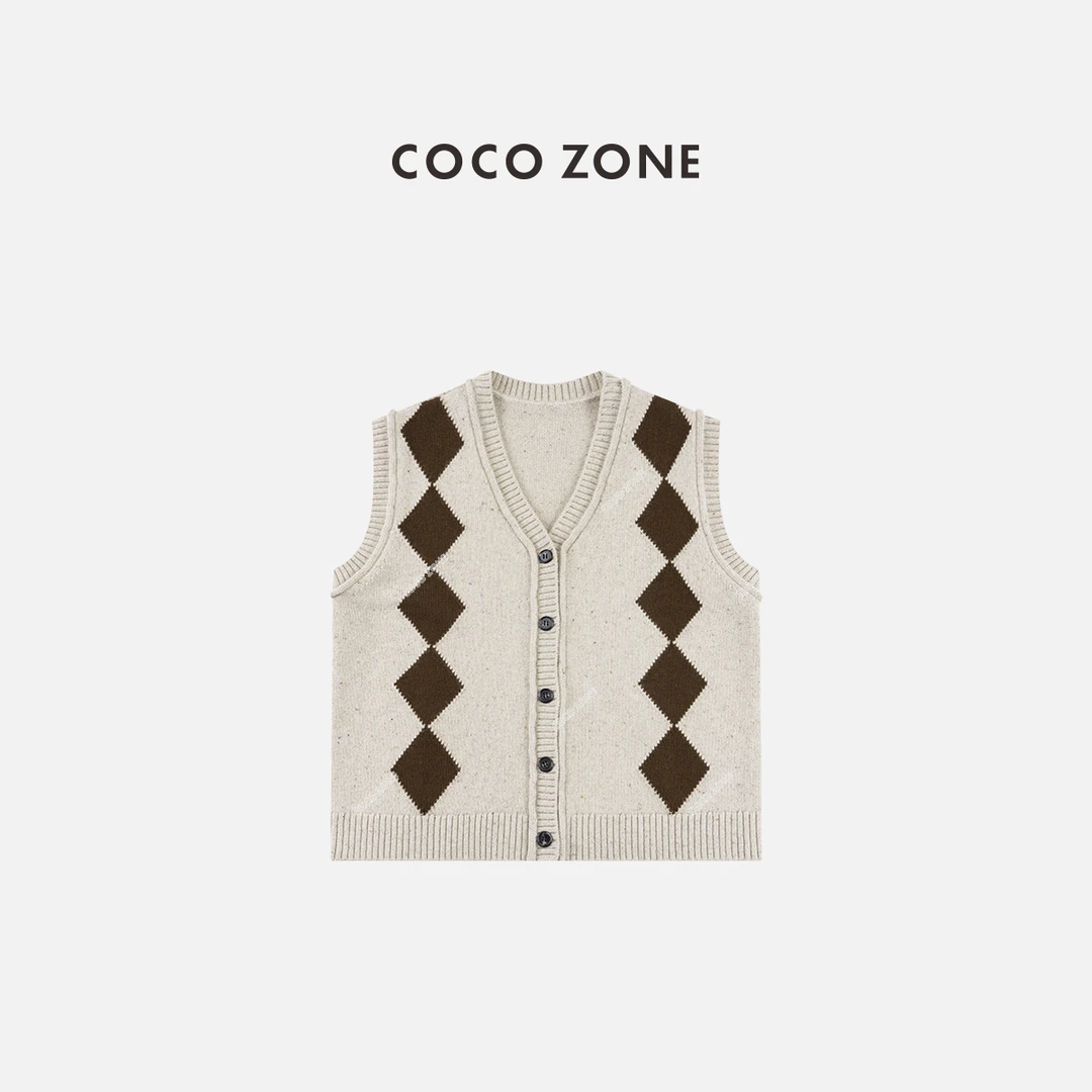 COCO ZONE 刘一一 99绵羊毛设计感菱格V领针织背心CC2D2389