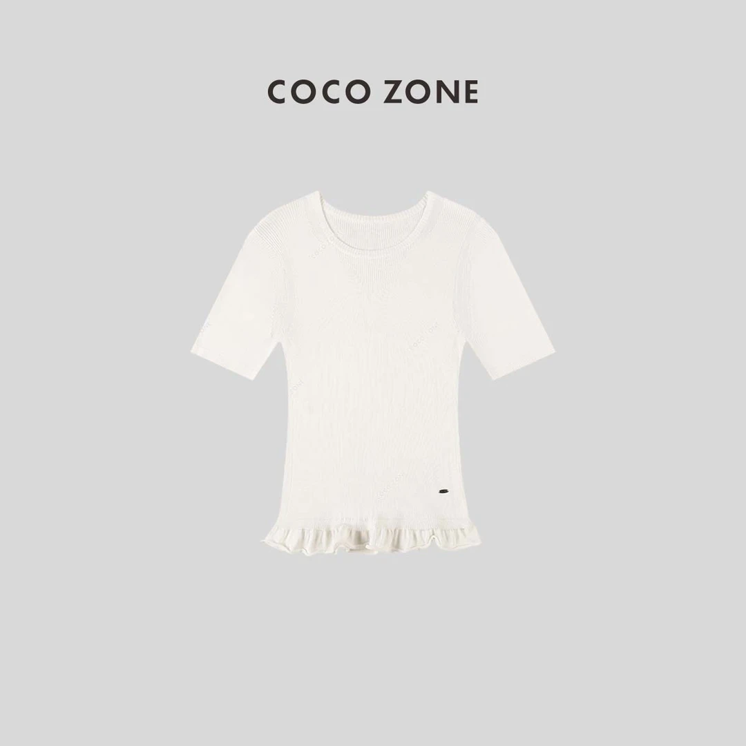COCO ZONE 刘一一 针织短袖上衣修身下摆荷叶边设计23C18772
