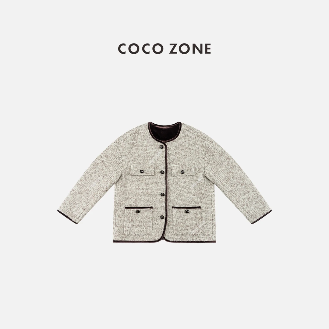 COCO ZONE 刘一一 秋冬小香风圆领撞色边带口袋外套CC2D2633