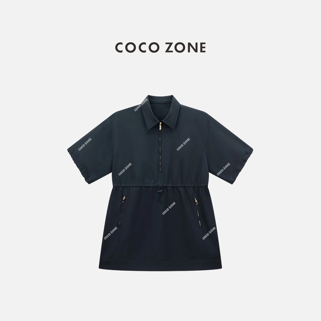 COCO ZONE 刘一一 100棉翻领短袖连衣裙显瘦A字裙CC1C1572