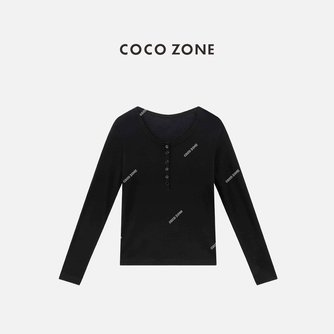 COCO ZONE 刘一一 100绵羊毛设计感纽扣圆领长袖T恤CC1C1728