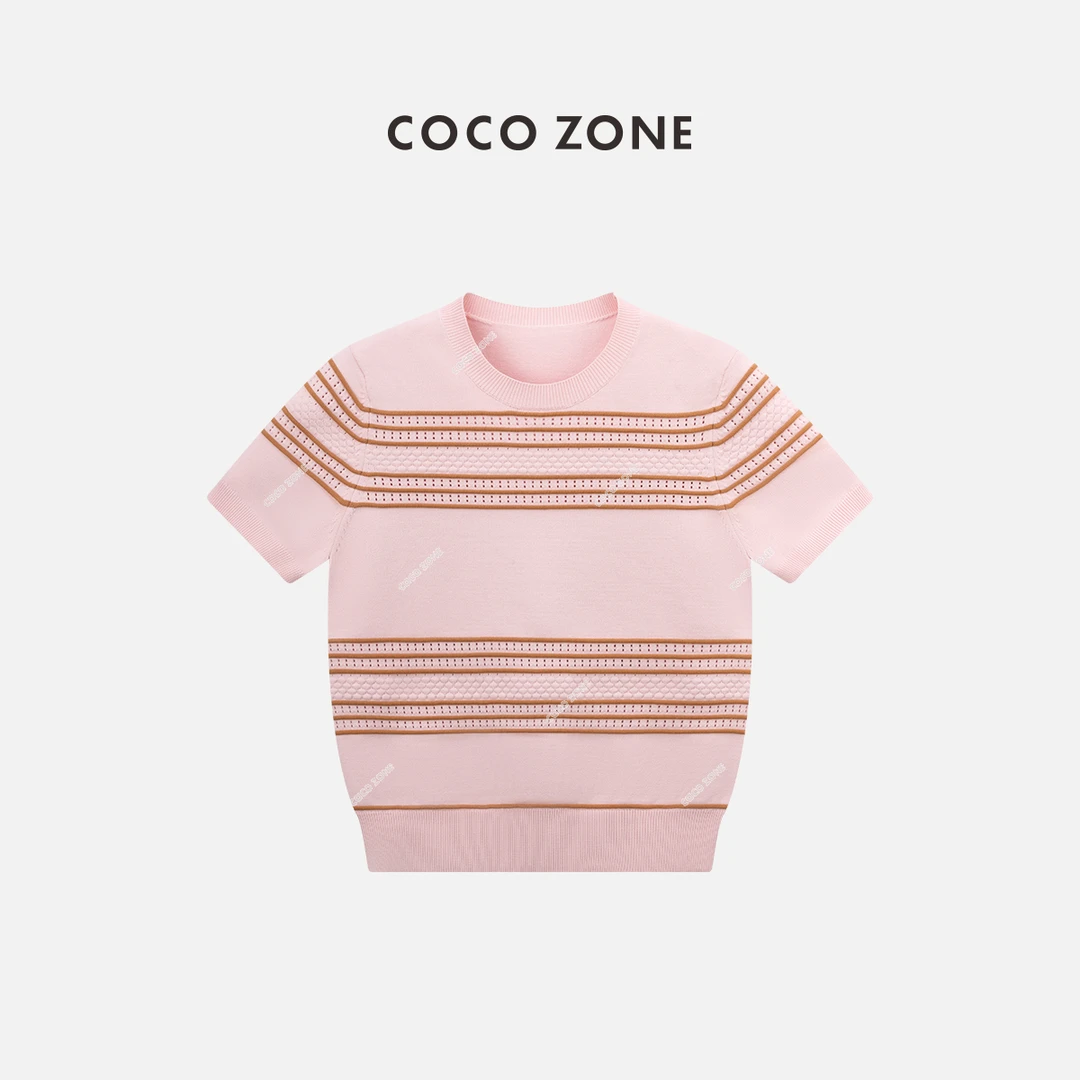 COCO ZONE 刘一一条纹短袖针织衫设计感小众上衣CC1A0460