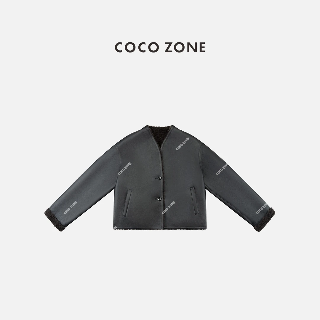 COCO ZONE 刘一一 秋冬时尚女士V领排扣拼接保暖外套CC2C2223