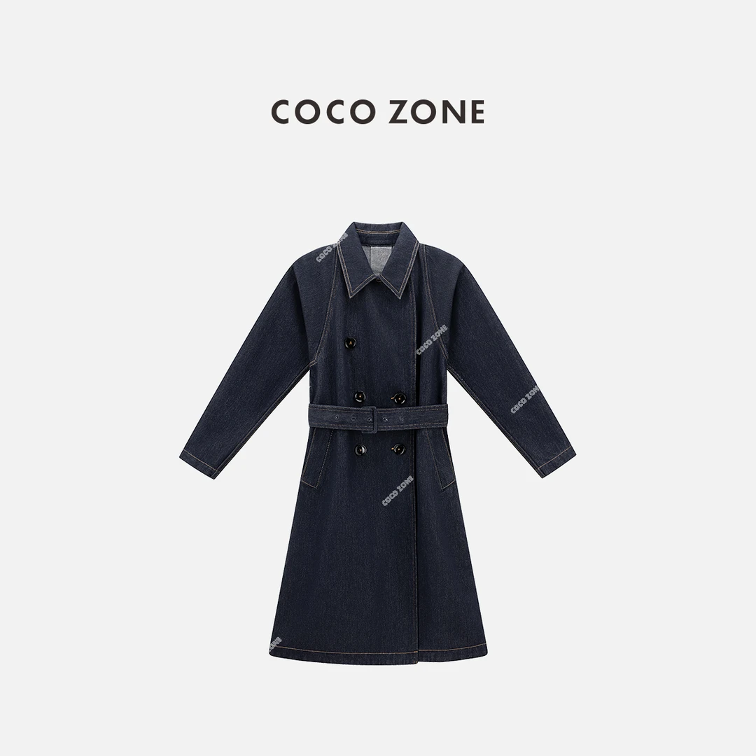 COCO ZONE 刘一一 100棉高级感翻驳领长款牛仔外套CC1C1772