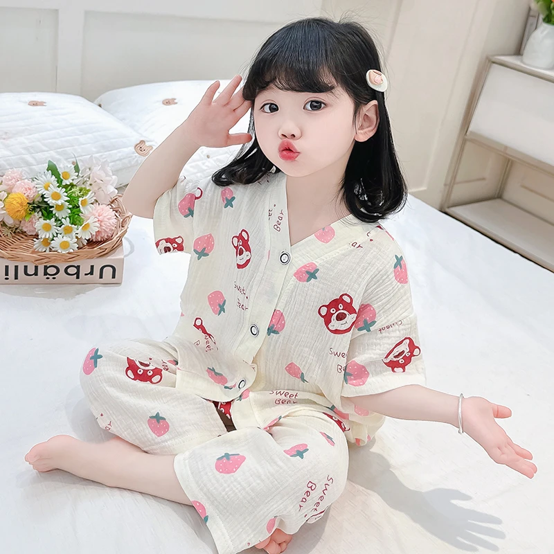 女童纯棉纱布睡衣夏季薄款空调服女孩宝宝棉麻短袖儿童家居服套装