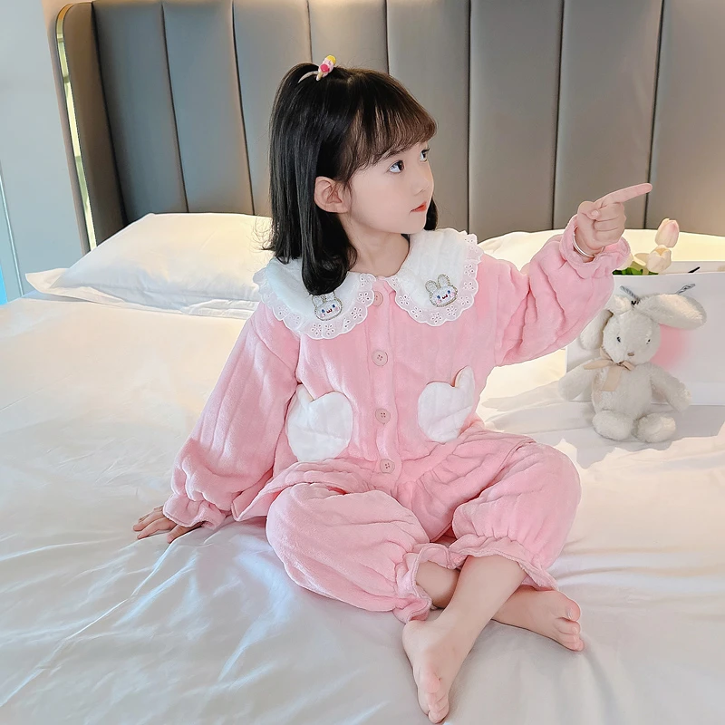 女童法兰绒睡衣秋冬款2024新款儿童冬季双层珊瑚绒公主宝宝家居服