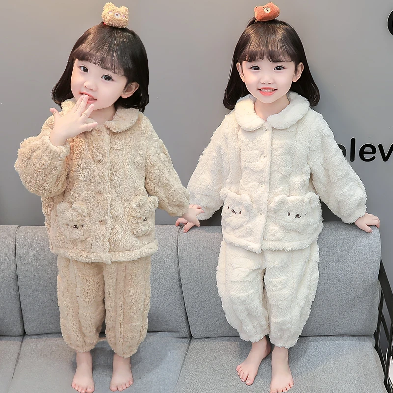 女童法兰绒睡衣秋冬季加绒加厚女孩宝宝珊瑚绒开衫套装儿童家居服