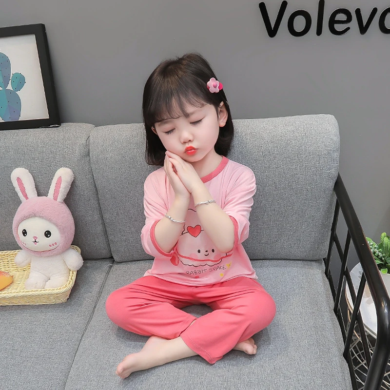 女童莫代尔睡衣春秋季薄款卡通七分袖空调服女宝宝儿童春款家居服