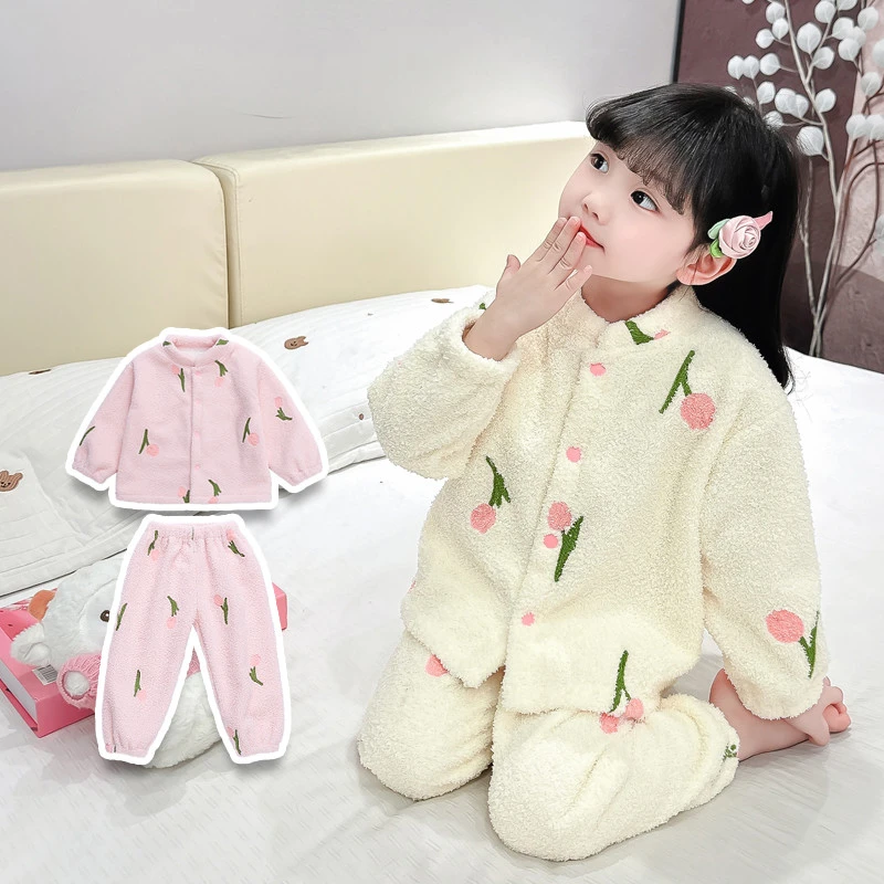 女童睡衣秋冬款珊瑚绒小公主花朵开衫加厚套装女孩冬季儿童家居服