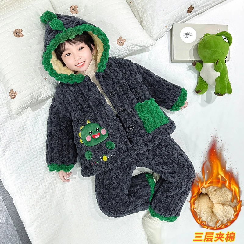 恐龙睡衣男童冬天三层夹棉加厚珊瑚绒中小童男孩法兰绒家居服卡通