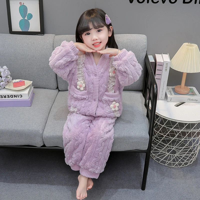 女童冬季法兰绒睡衣套装女宝宝新款洋气加厚秋冬雪芙绒开衫家居服