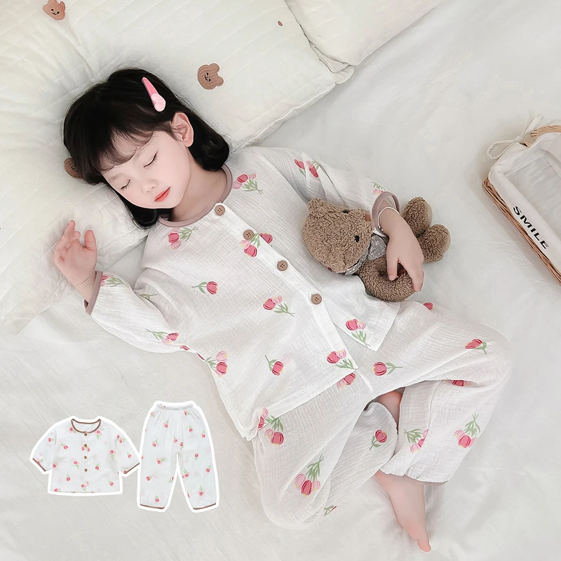 女童睡衣夏季薄款女宝宝纯棉纱布家居服套装儿童女孩开衫女吸汗夏