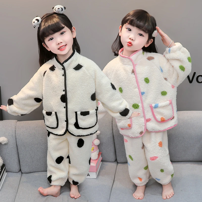 儿童睡衣法兰绒冬季款2024加厚套装女童珊瑚绒彩色圆点公主家居服