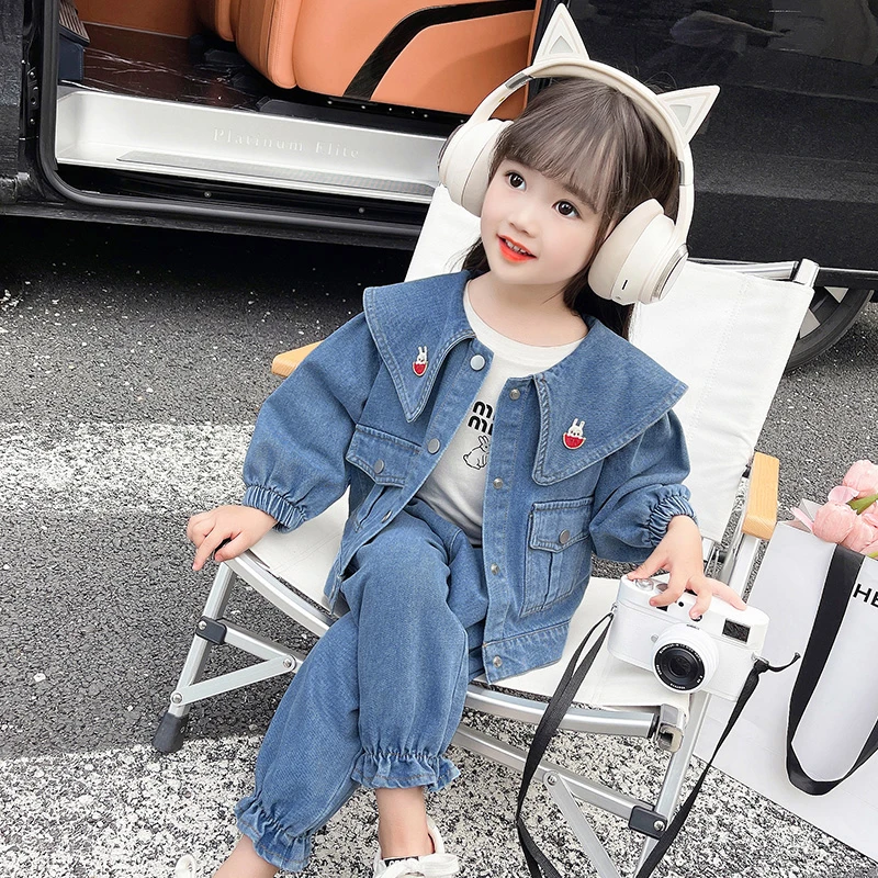 女童套装春秋季2024新款网红洋气时髦女孩宝宝小童牛仔儿童装秋装