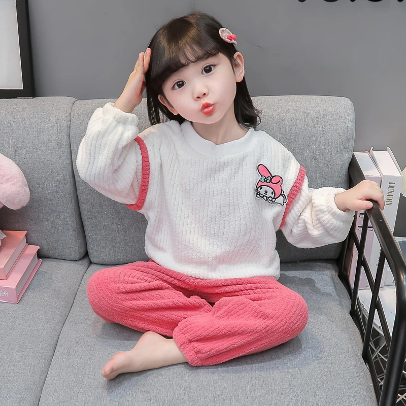 女童睡衣法兰绒秋冬季2024加绒套装宝宝珊瑚绒分体保暖公主家居服