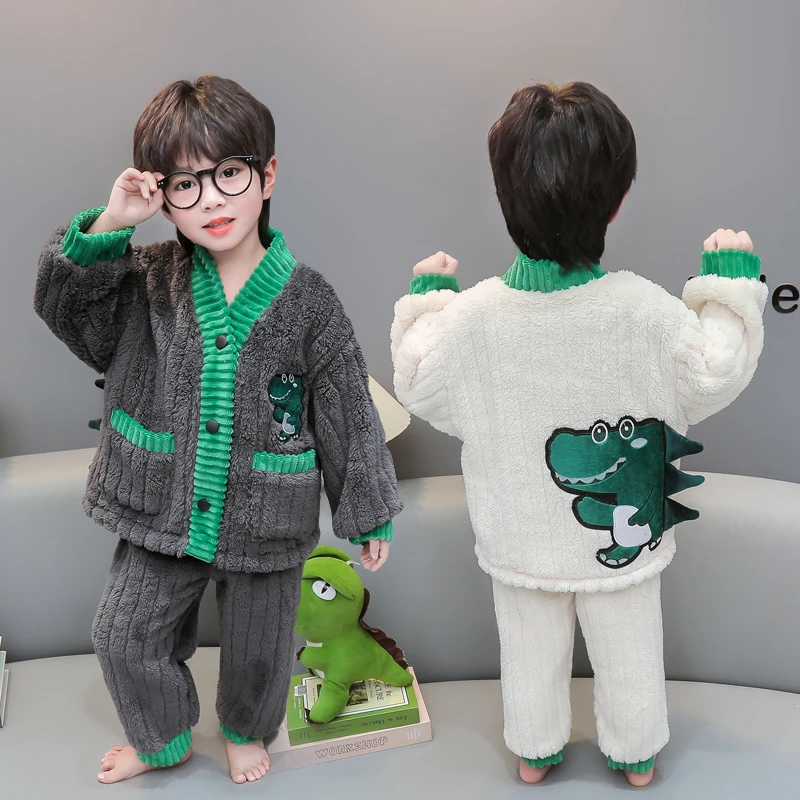 儿童睡衣男童秋冬款2023新款法兰绒恐龙开衫分体套装小男孩家居服