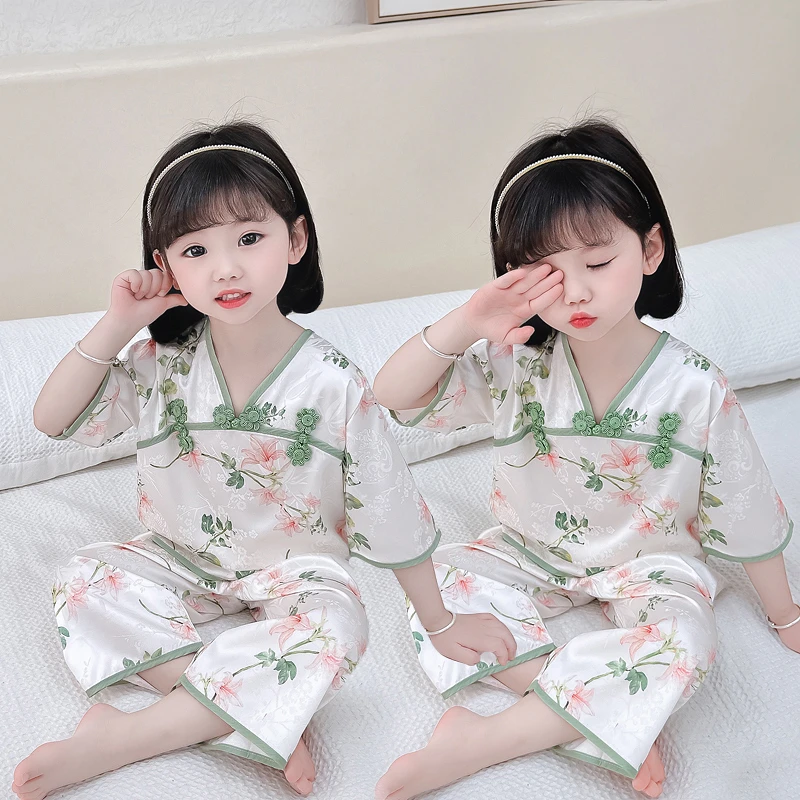 女童棉绸睡衣薄款夏季短袖小孩儿童中小绵绸空调家居服中国风套装