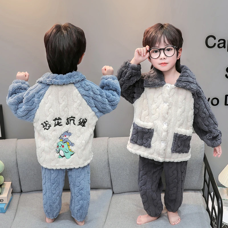 儿童法兰绒睡衣秋冬款男孩宝宝开衫加绒珊瑚绒恐龙加厚冬款家居服