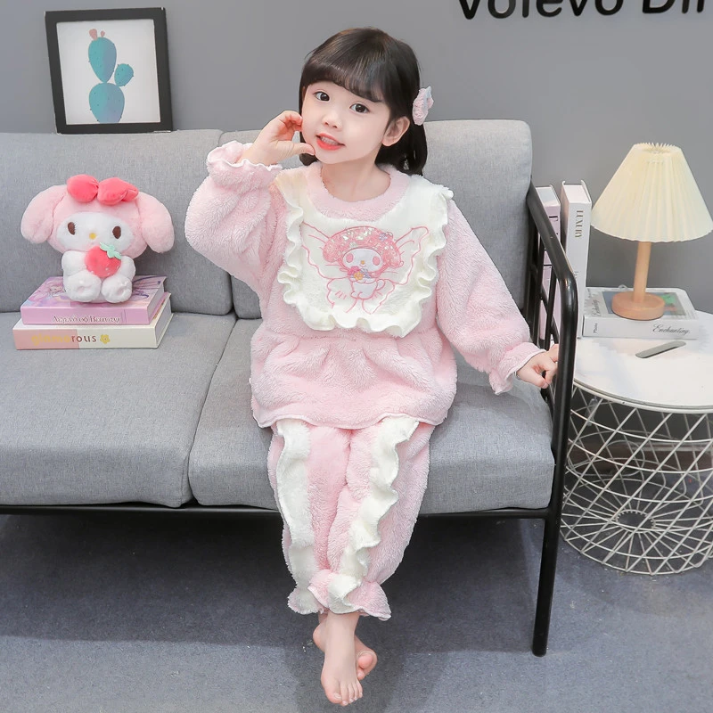 儿童睡衣秋冬季女孩珊瑚绒女宝分体套装宝宝法兰绒冬款女童家居服