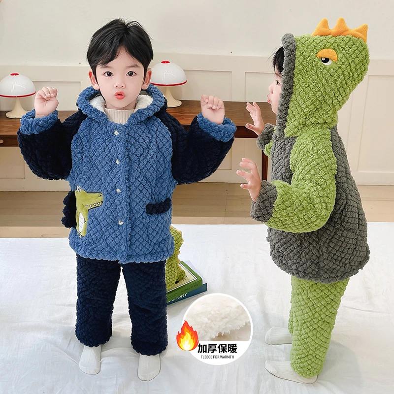 男童睡衣三层连帽恐龙家居服套装2023冬季新款休闲版男宝宝两件套