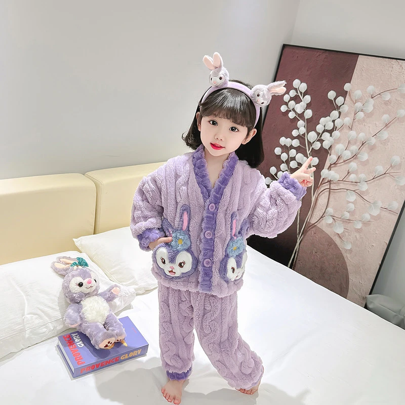 儿童家居服秋冬季保暖法兰绒小女孩女童可爱星黛露开衫款睡衣套装