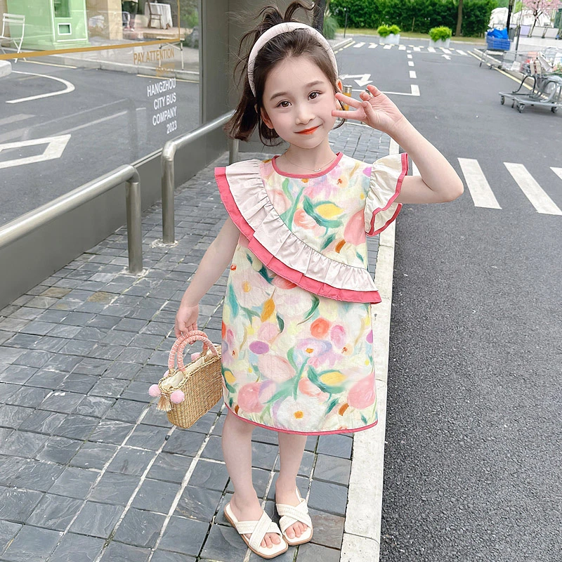 女童连衣裙夏装2024新款洋气儿童小飞袖背心裙女孩棉布碎花公主裙
