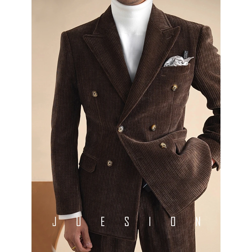 秋冬新款雪尼尔条绒双排扣西服套装男商务休闲复古厚款西装JSN816
