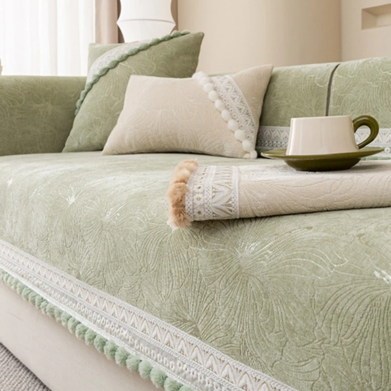 法式轻奢沙发垫新款2024四季通用盖布巾皮沙发套罩防滑花边坐垫子