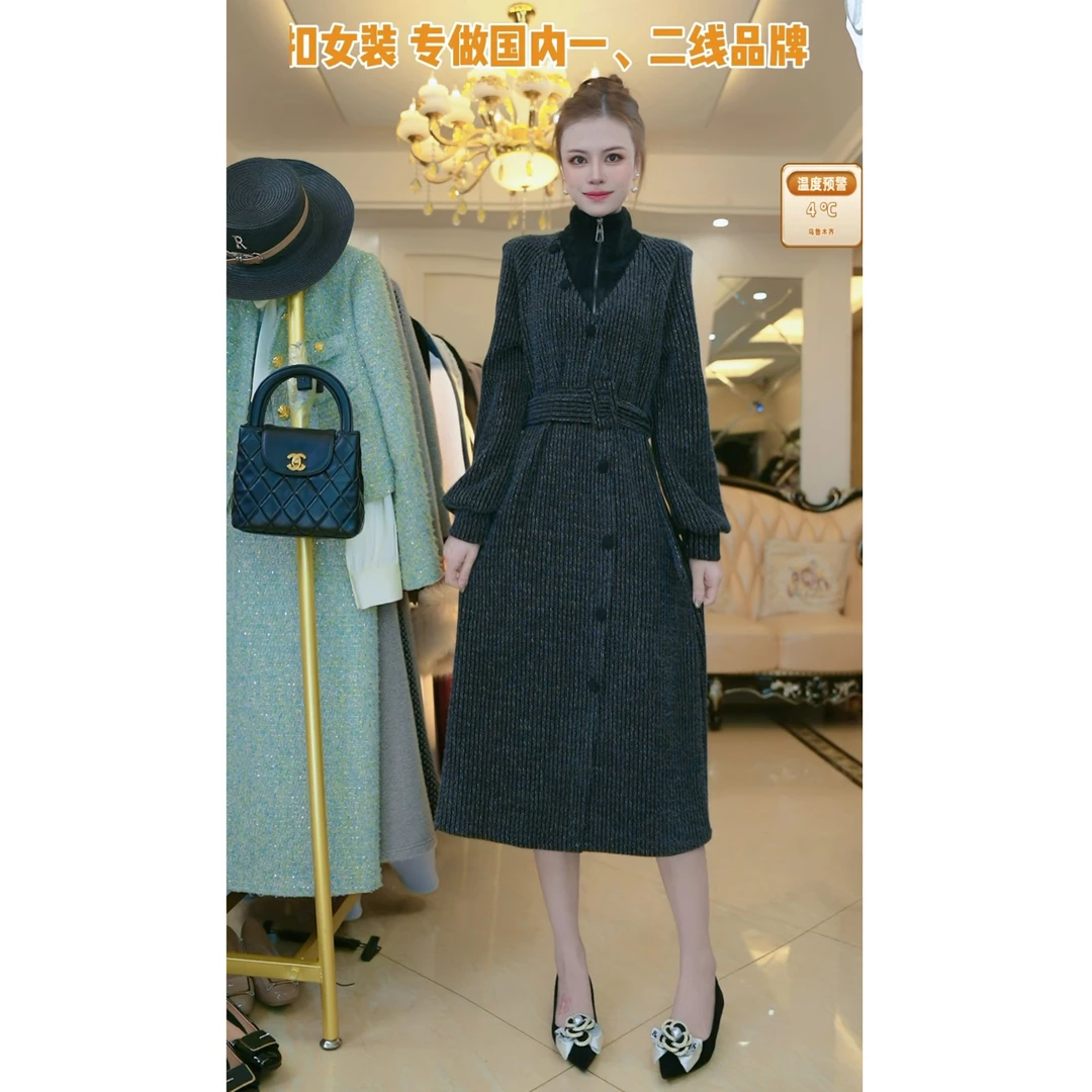 梦想服饰高档洋气立领连衣裙2024秋冬季新款时尚气质收腰6400