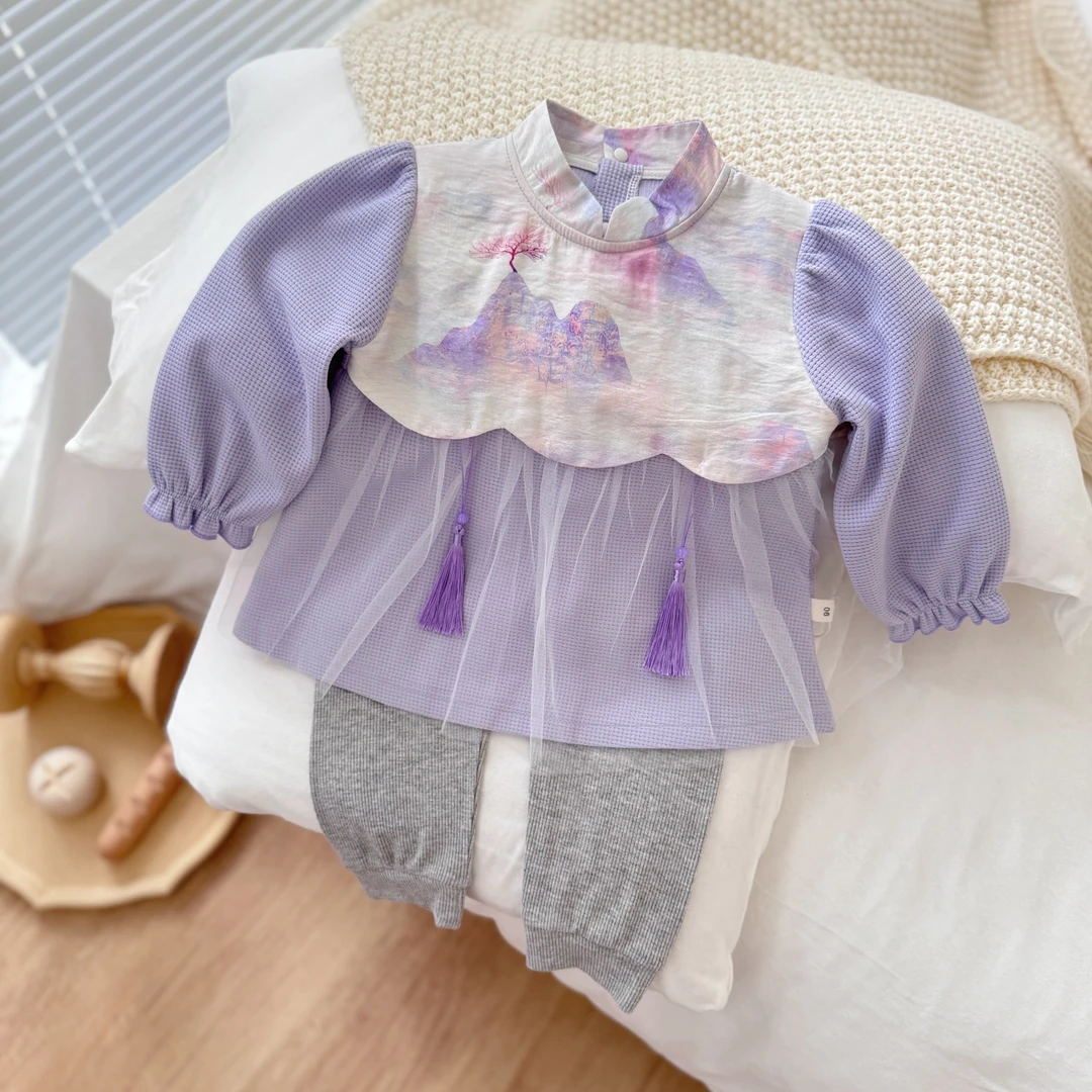 2024新款春秋款国风山河画女宝宝洋气套装