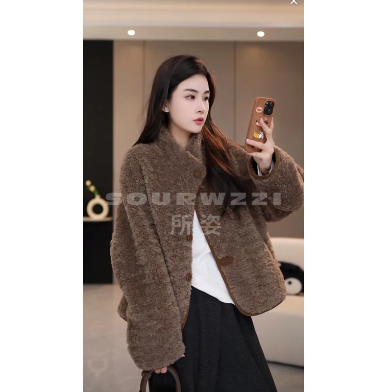 SOURWZZI/所姿新款冬季反绒面双面穿立领女士羊毛外套SZ-25131