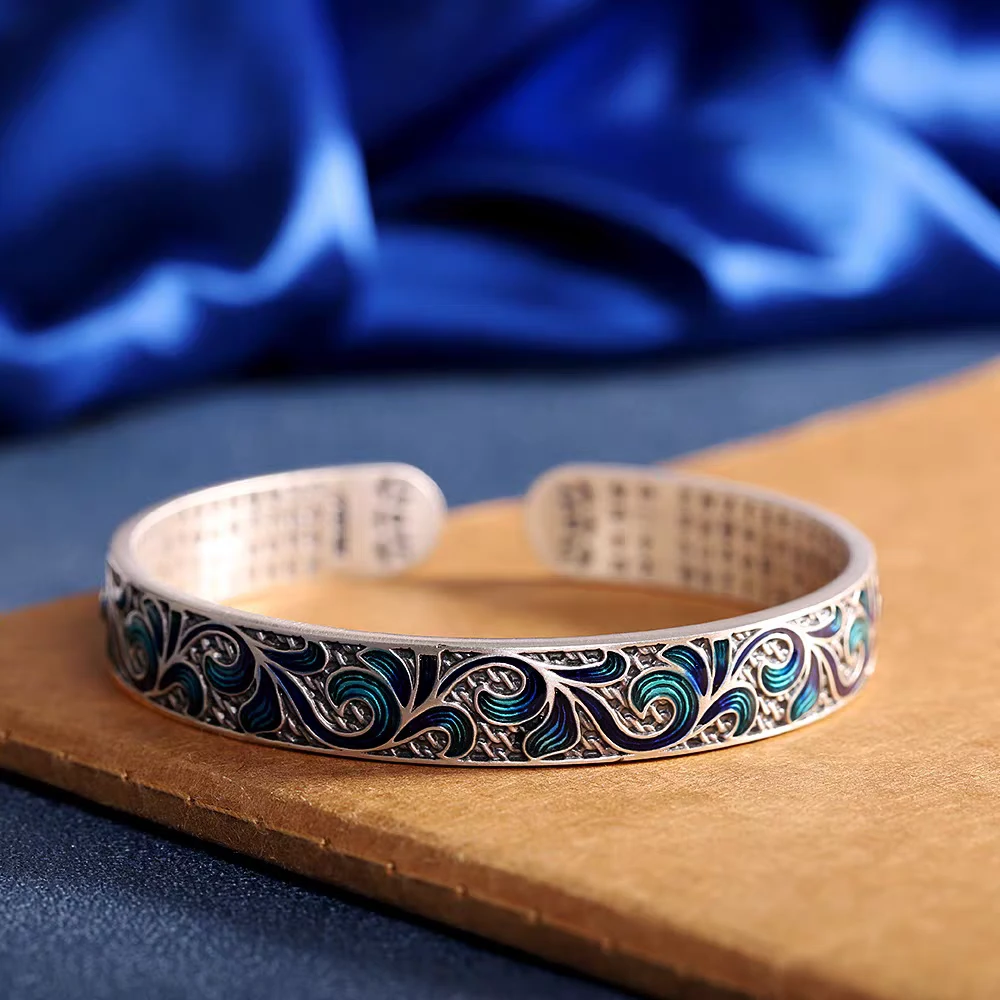 足银手镯 【佰万珠宝 】足银珐琅彩唐草纹手镯纯手工复古精美民族风